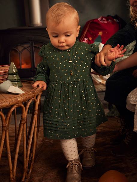 Robe bébé fille en gaze de coton ouverture décalée vert foncé imprimé - vertbaudet enfant 