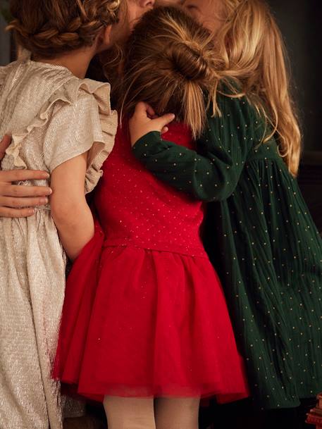 Vertbaudet Dual Fabric Dress for Girls, Christmas Special Dark Red