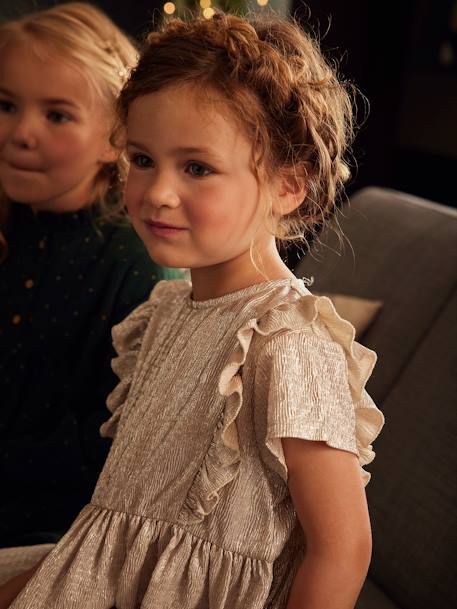 Robe de fête en tissu lamé fantaisie fille beige irisé+rose pâle - vertbaudet enfant 