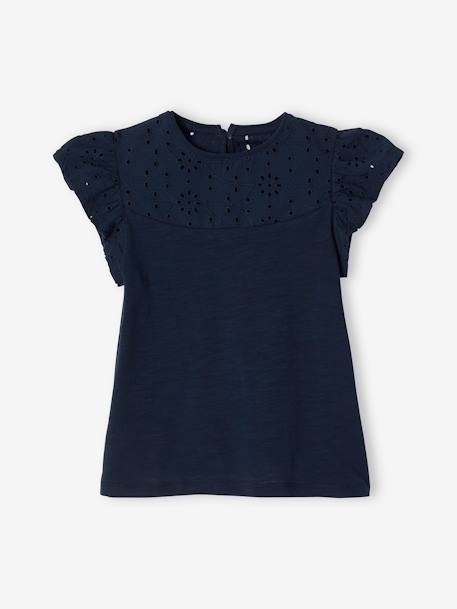 T-shirt fille avec détails broderie anglaise bleu marine+mauve+VERT PALE - vertbaudet enfant 