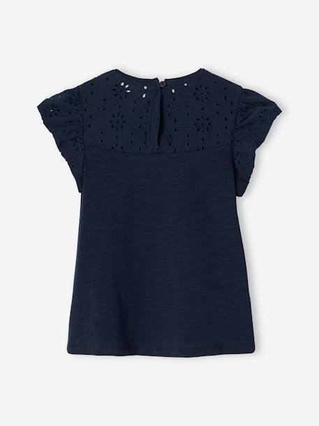 T-Shirt for Girls, with Broderie Anglaise and Ruffled Sleeves BLUE MEDIUM SOLID+fuchsia+Light Green+mauve+White - vertbaudet enfant 