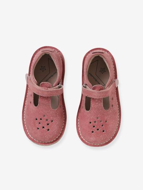 Leather Shoes for Girls, Designed for Autonomy PINK MEDIUM SOLID WITH DESIG+YELLOW BRIGHT METALLIZED - vertbaudet enfant 