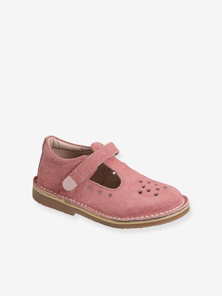 Leather Shoes for Girls, Designed for Autonomy PINK MEDIUM SOLID WITH DESIG+YELLOW BRIGHT METALLIZED - vertbaudet enfant 