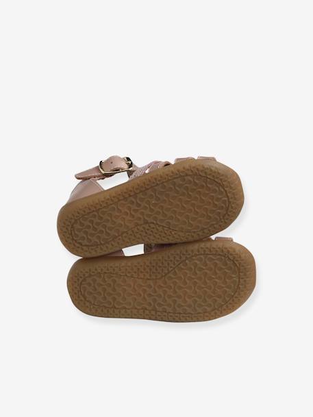 Leather Sandals for Baby Girls, Designed for First Steps PINK MEDIUM SOLID WITH DESIG+White - vertbaudet enfant 