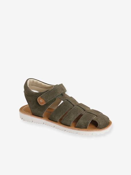 Leather Sandals with Touch Fastening Strap, for Baby Boys camel+GREEN DARK SOLID - vertbaudet enfant 