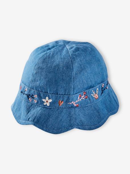 Denim Bucket Hat with Embroidery for Baby Girls BLUE MEDIUM SOLID WITH DESIGN - vertbaudet enfant 