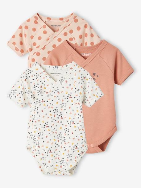 Pack of 3 Short Sleeve Bodysuits for Newborn Babies PINK DARK 2 COLOR/MULTICOL OR - vertbaudet enfant 