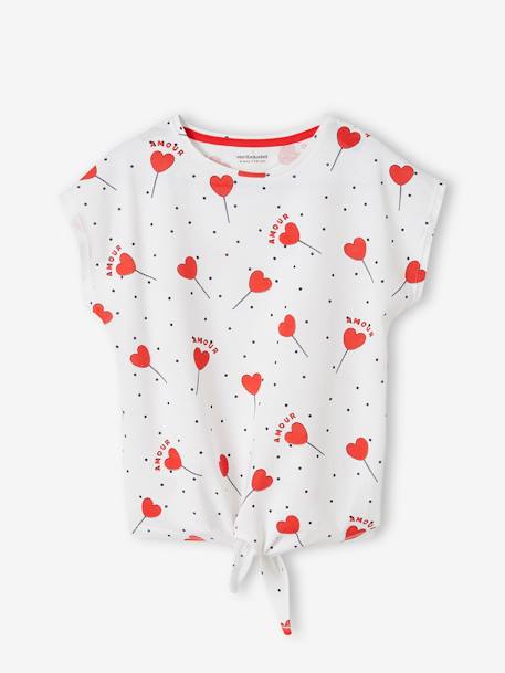 T-shirt imprimé fille avec noeud fantaisie blanc / rouge+écru+kaki+marine+rose mauve imprimé+vanille+vert - vertbaudet enfant 