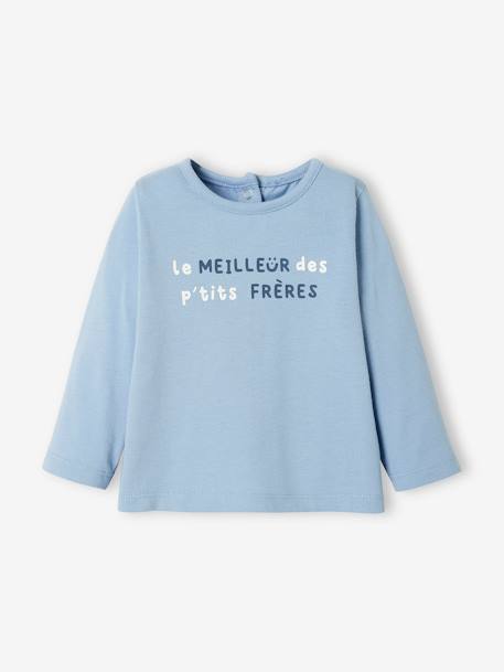 Long Sleeve Top with Message, for Babies BLUE LIGHT SOLID WITH DESIGN+White - vertbaudet enfant 