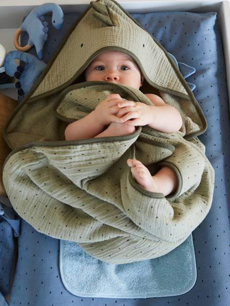 Cape de bain bébé en gaze de coton + gant de toilette PETIT DINO - vert,  Linge de lit & Déco