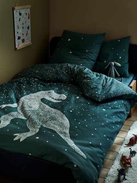 Duvet Cover + Pillowcase Set with Glow-in-the-Dark Details, Graphic Dino GREEN DARK SOLID WITH DESIGN - vertbaudet enfant 