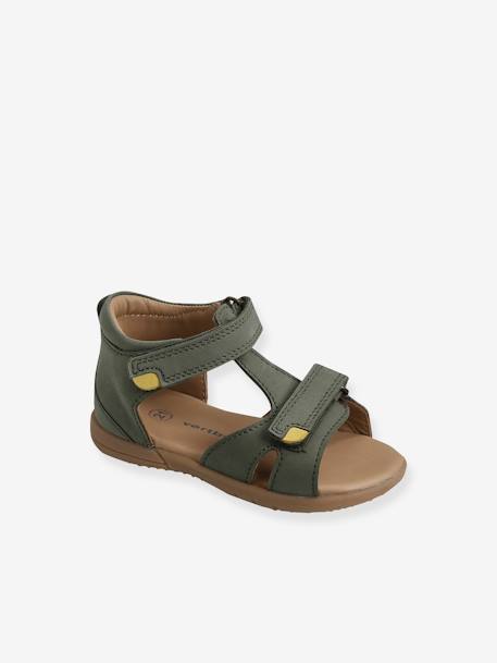 Leather Sandals with Touch-Fasteners, for Baby Boys GREEN DARK SOLID - vertbaudet enfant 
