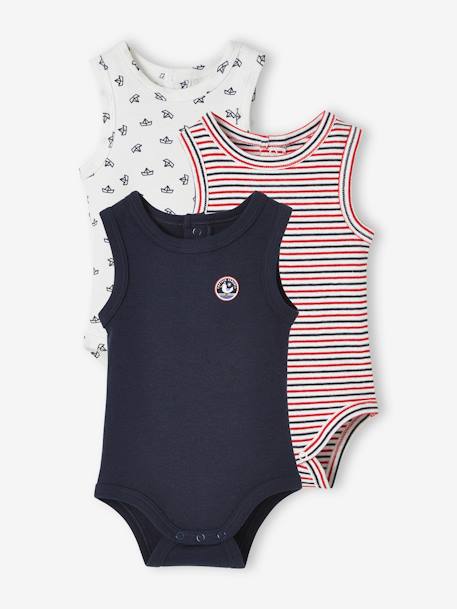 Pack of 3 Sleeveless Bodysuits for Babies BLUE DARK TWO COLOR/MULTICOL - vertbaudet enfant 