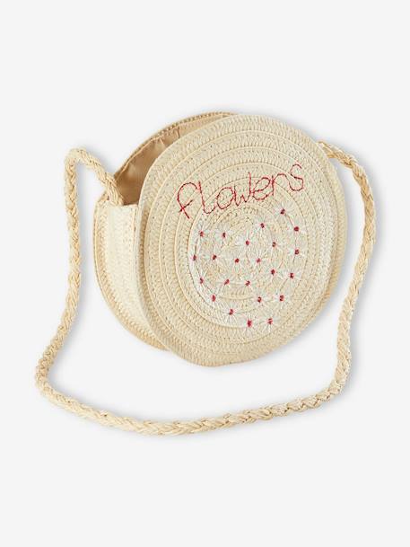 Round Embroidered Bag, Raffia-Style, for Girls BEIGE LIGHT SOLID WITH DESIGN - vertbaudet enfant 