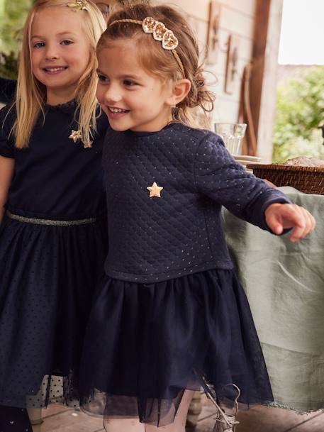 Vertbaudet Dual Fabric Dress for Girls, Christmas Special Dark Blue