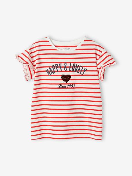 Tee-shirt fille fantaisie manches courtes écru rayé - vertbaudet enfant 