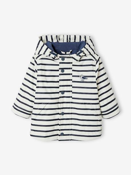 Navy Raincoat with Hood & Lining for Babies WHITE LIGHT STRIPED - vertbaudet enfant 
