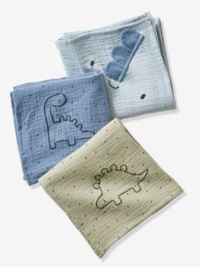 Nursery-Changing Mats & Accessories-Set of 3 Cotton Gauze Muslin Squares, Little Dino