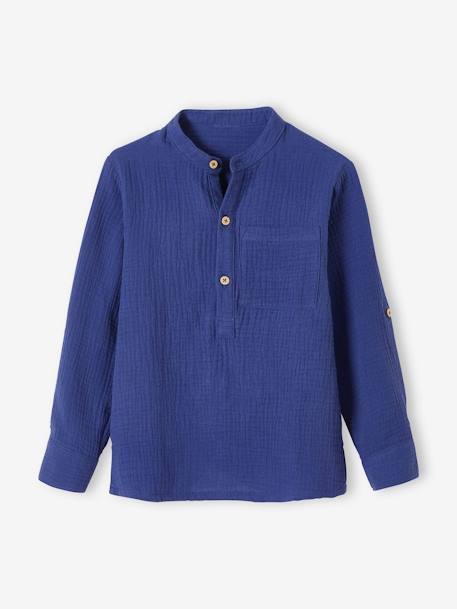 Cotton Gauze Shirt, Roll-Up Sleeves, for Boys BLUE MEDIUM SOLID+terracotta - vertbaudet enfant 