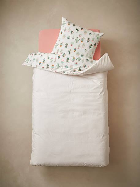 Duvet Cover + Pillowcase Set for Children, Cactus WHITE LIGHT ALL OVER PRINTED - vertbaudet enfant 