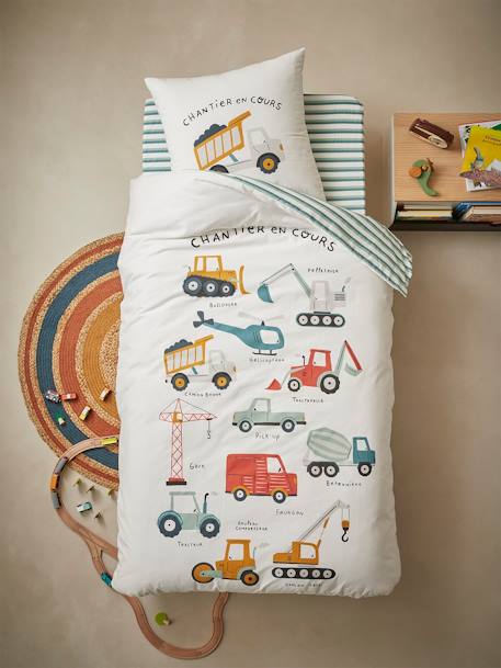 Duvet Cover & Pillowcase Set for Children, Work in Progress WHITE LIGHT SOLID WITH DESIGN - vertbaudet enfant 