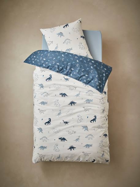 Duvet Cover & Pillowcase Set for Children, Hello Dinos, Basics WHITE LIGHT ALL OVER PRINTED - vertbaudet enfant 