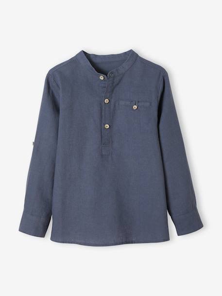 Shirt in Linen/Cotton, Mandarin Collar, Long Sleeves, for Boys BLUE BRIGHT SOLID+Green+White - vertbaudet enfant 
