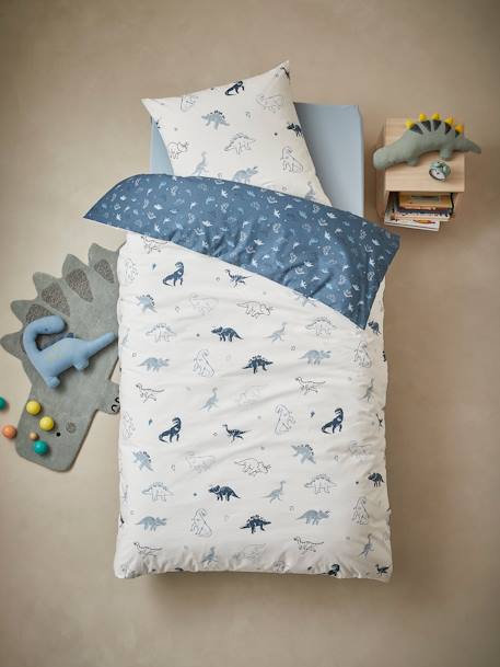 Duvet Cover & Pillowcase Set for Children, Hello Dinos, Basics WHITE LIGHT ALL OVER PRINTED - vertbaudet enfant 