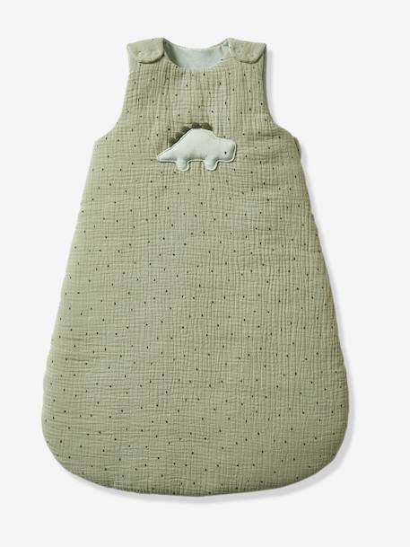 Sleeveless Baby Sleep Bag in Cotton Gauze, Dinosaurus GREEN MEDIUM SOLID WITH DESIG - vertbaudet enfant 
