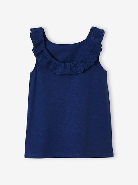 Sleeveless Top with Frilly Collar in Broderie Anglaise for Girls BLUE DARK SOLID+RED LIGHT SOLID - vertbaudet enfant 