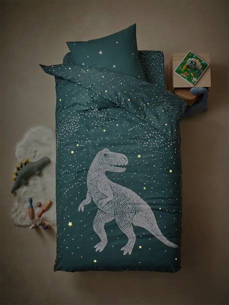 Duvet Cover + Pillowcase Set with Glow-in-the-Dark Details, Graphic Dino GREEN DARK SOLID WITH DESIGN - vertbaudet enfant 
