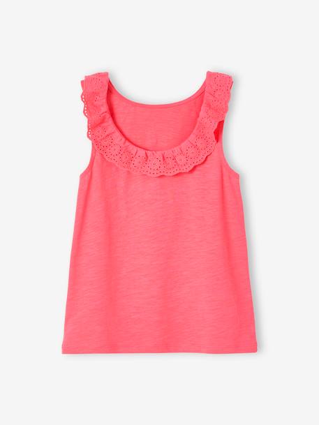Sleeveless Top with Frilly Collar in Broderie Anglaise for Girls BLUE DARK SOLID+RED LIGHT SOLID - vertbaudet enfant 