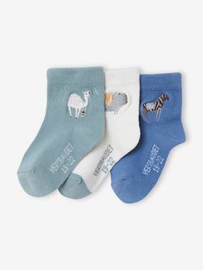 Baby-Socks & Tights-Pack of 3 Pairs of Socks with Embroidered Animals for Baby Boys