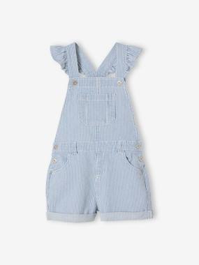 Girls-Striped Dungaree Shorts with Frilly Straps for Girls