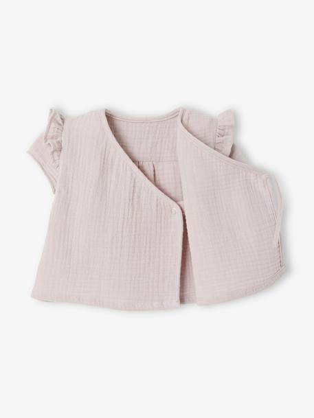 Wrap-Over Jacket in Cotton Gauze for Newborn Babies ecru+PURPLE LIGHT SOLID WITH DESIGN - vertbaudet enfant 