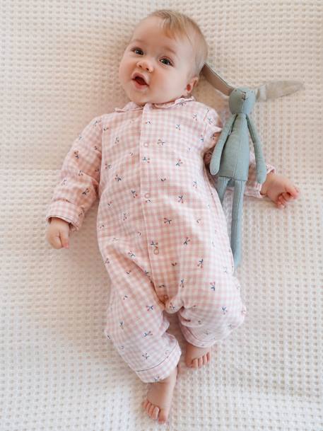 Pyjama bébé en flanelle de coton ouverture naissance - carreaux rose thé,  Bébé