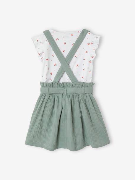 Striped T-Shirt + Cotton Gauze Skirt Outfit, for Girls GREEN LIGHT SOLID+lilac - vertbaudet enfant 