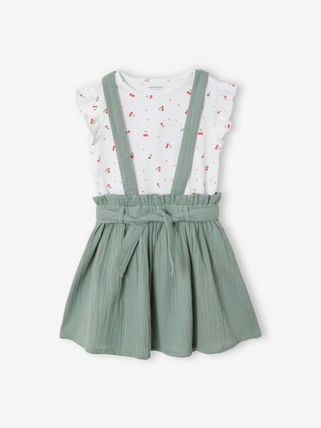 Striped T-Shirt + Cotton Gauze Skirt Outfit, for Girls GREEN LIGHT SOLID+lilac - vertbaudet enfant 
