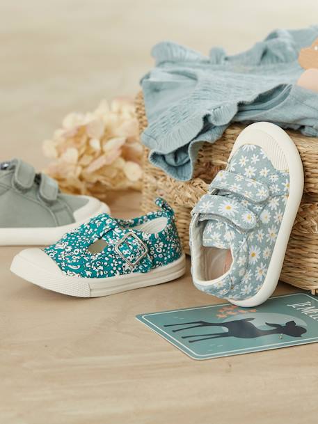 Touch-Fastening Trainers in Canvas for Baby Girls BLUE LIGHT ALL OVER PRINTED+Silver+White - vertbaudet enfant 