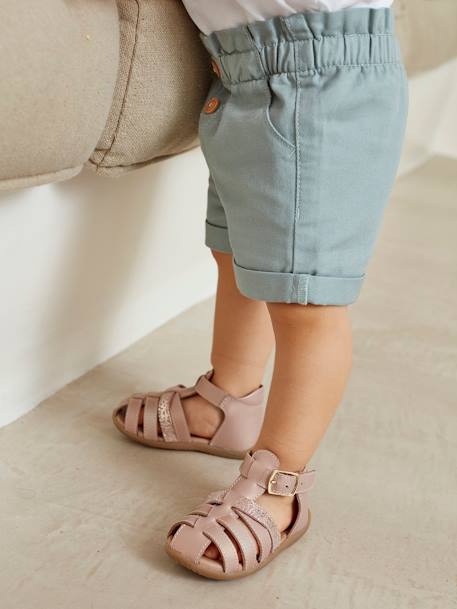 Leather Sandals for Baby Girls, Designed for First Steps PINK MEDIUM SOLID WITH DESIG+White - vertbaudet enfant 