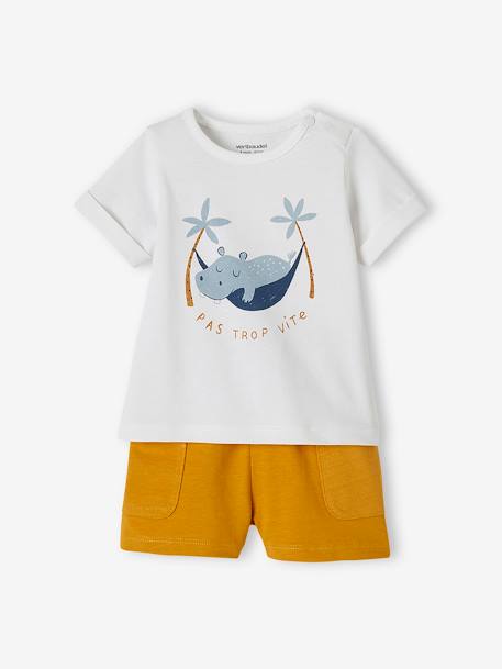 Ensemble T-shirt imprimé + short baggy bébé blanc+gris clair chiné - vertbaudet enfant 