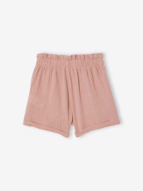 Paperbag Shorts in Cotton Gauze for Girls PINK LIGHT SOLID+YELLOW MEDIUM SOLID - vertbaudet enfant 