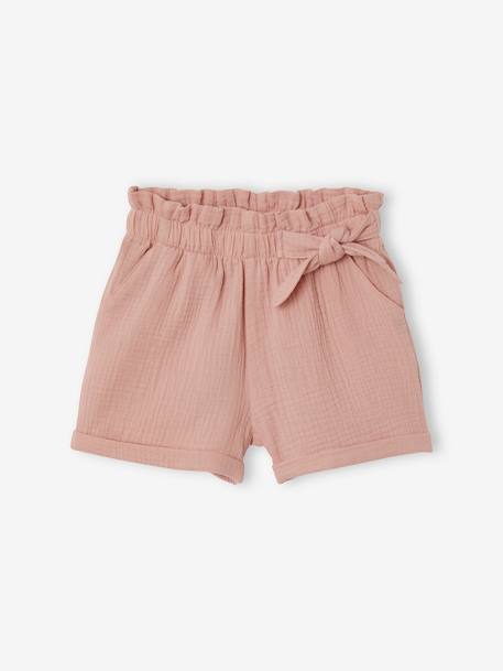 Paperbag Shorts in Cotton Gauze for Girls - almond green, Girls