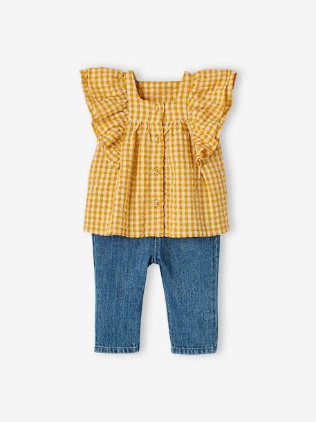 Seersucker Gingham Blouse + Wide Jeans Combo, for Babies YELLOW MEDIUM CHECKS - vertbaudet enfant 