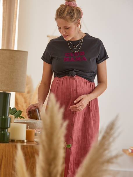 Long Skirt in Cotton Gauze for Maternity BROWN LIGHT SOLID+olive - vertbaudet enfant 
