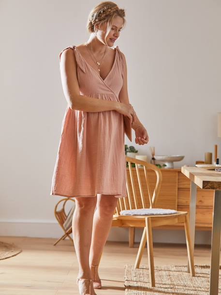 Short Cotton Gauze Dress, Maternity & Nursing Special - pink light solid,  Maternity