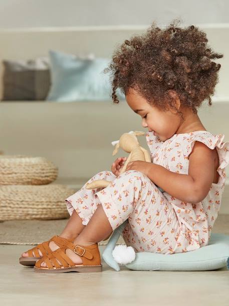Sandales en cuir bébé mixte bout fermé bleu marocain+Camel - vertbaudet enfant 