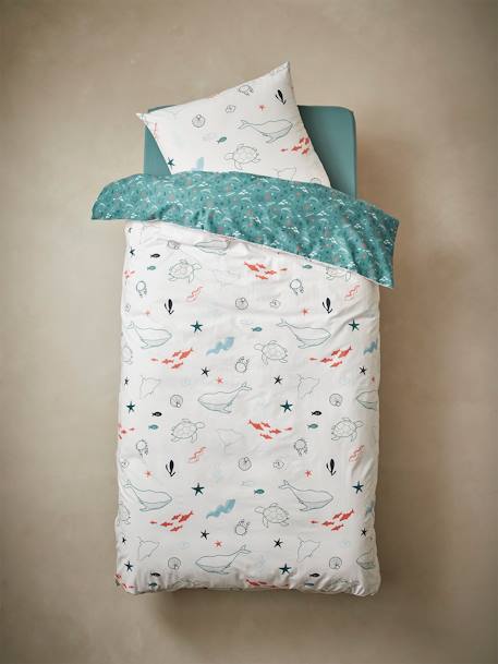 Duvet Cover + Pillowcase Set for Children, Under the Sea, Basics BLUE MEDIUM ALL OVER PRINTED - vertbaudet enfant 