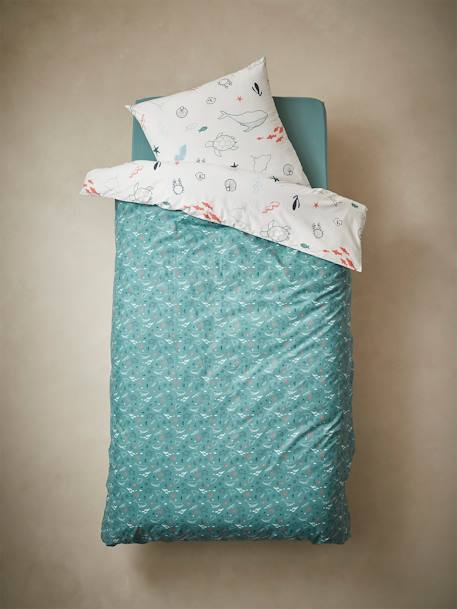 Duvet Cover + Pillowcase Set for Children, Under the Sea, Basics BLUE MEDIUM ALL OVER PRINTED - vertbaudet enfant 