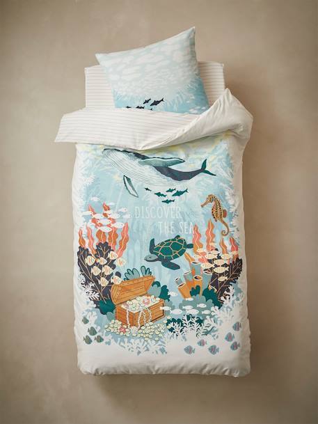 Duvet Cover + Pillowcase Set for Children, Deep Ocean BLUE MEDIUM SOLID WITH DESIGN - vertbaudet enfant 